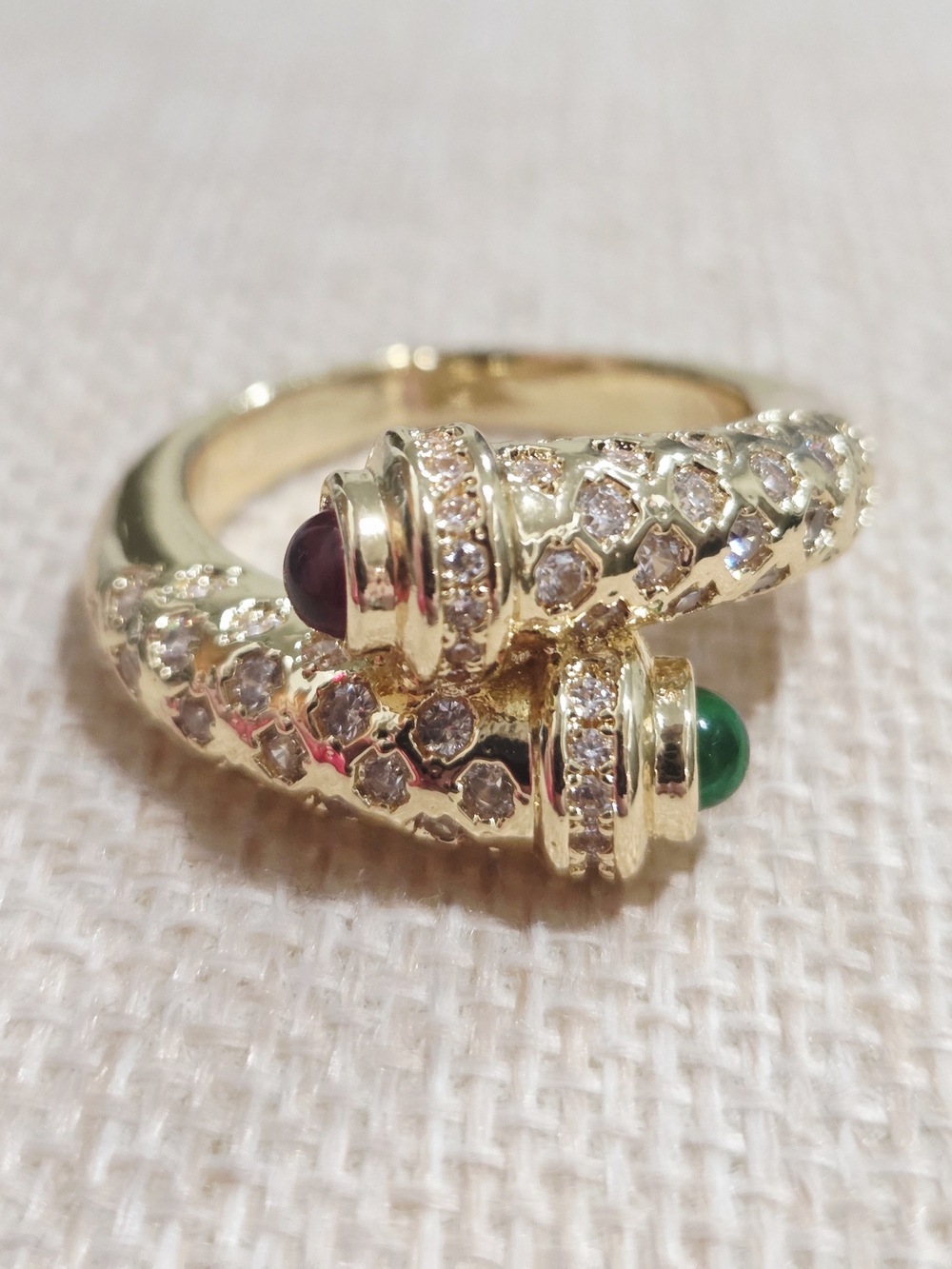 Gold-Tone Double-Headed Ring with Red and Green Cabochons~size 10